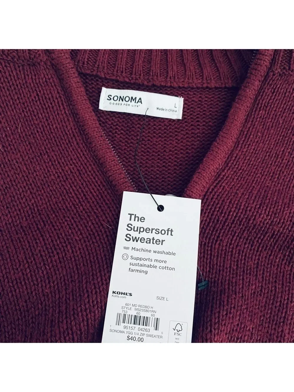 Sonoma Half-Zip Mock Neck Sweater | Burgundy Knit | Size Large - Picture 8 of 11